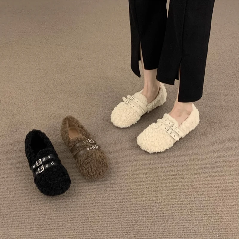 

Туфли женские с закрытым носком, повседневные кроссовки, лоферы, мех, круглый носок, без застежки, плоская подошва, Мокасины, корейский стиль, на осень, 2023
