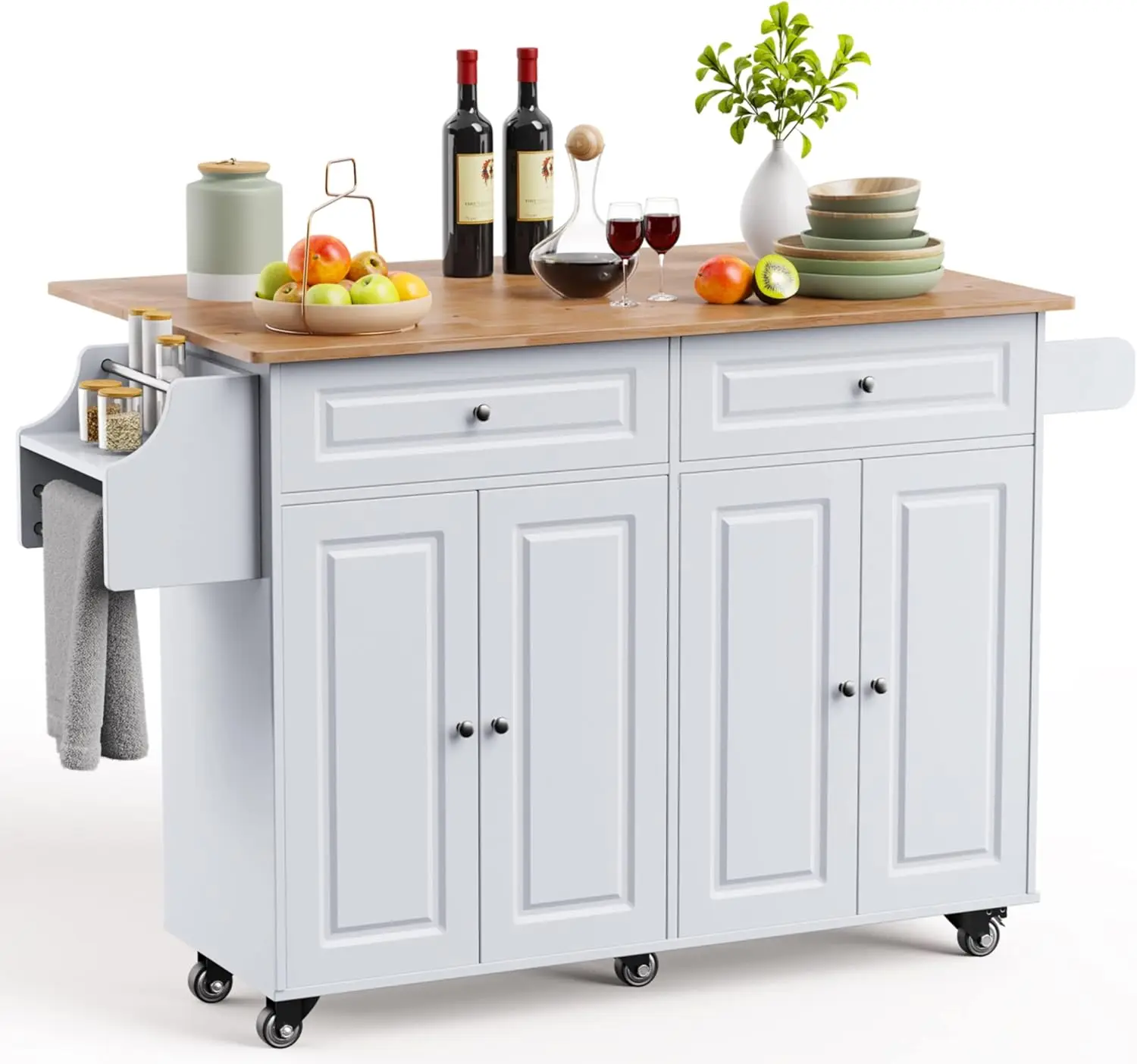 Island on Wheels Kitchen Cart with Rubber Wood Top, Mobile Kitchen Island with Double Storage Cabinet and Drawers, Table