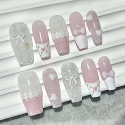 Pink Bow Love Lace French Nail Art - Sweet & Sexy Cherry Handmade Long Fake Nails (S)