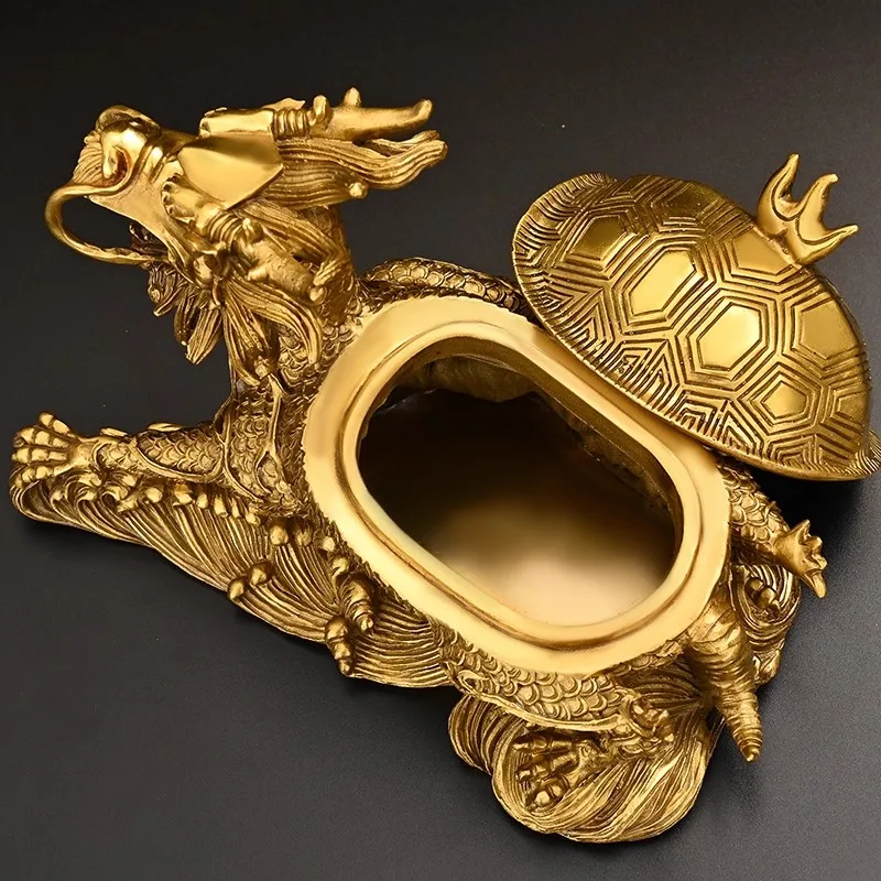 Large Brass Dragon Turtle Statue - Openable Feng Shui Wealth Tortoise Sculpture, Solid Copper Lucky Decor for Home/Office Desk,