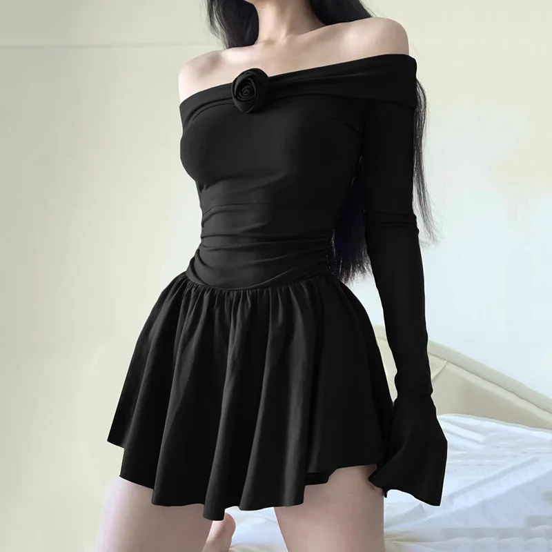 

Goth Dark Off Shoulder Mall Gothic Women Dresses Grunge Punk Floral A-line Black Casual Dress Long Sleeve Sexy Autumn Alt Clothe