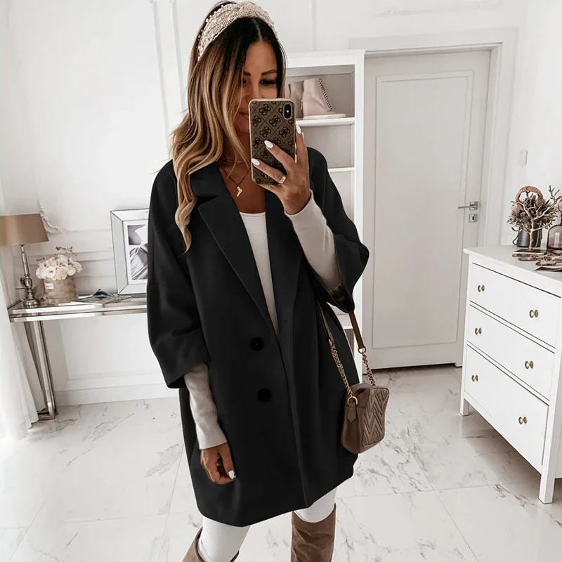 Autumn Loose Woolen Blends Coats Winter Casual Three Quarter Sleeve Coat Women Single-Breasted Outwear Loose Long Overcoats 2024