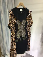 Extra size 300 pounds fat people wear summer women's dress leopard print patchwork bear rhinestone short-sleeved skirt