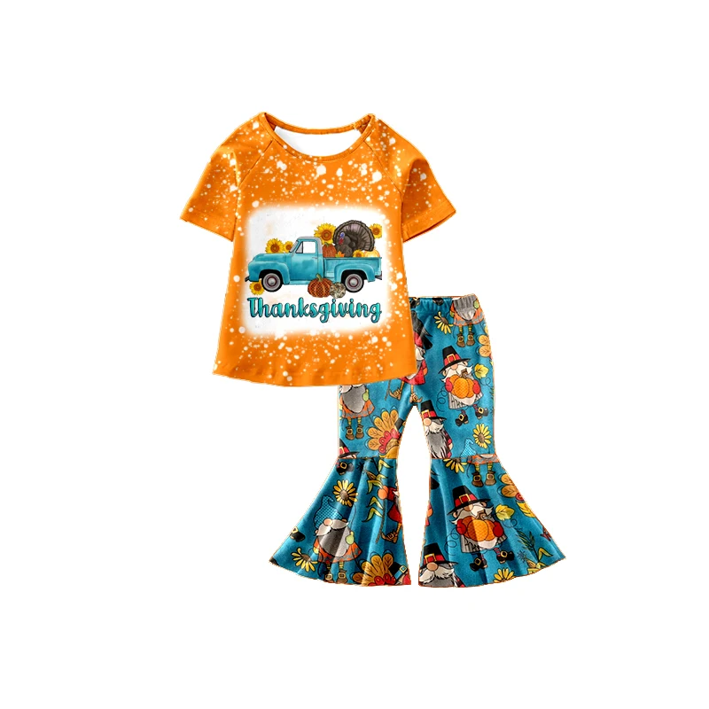 

Halloween best-selling baby girls wear milk silk pumpkin print short-sleeved flared pants casual style suit