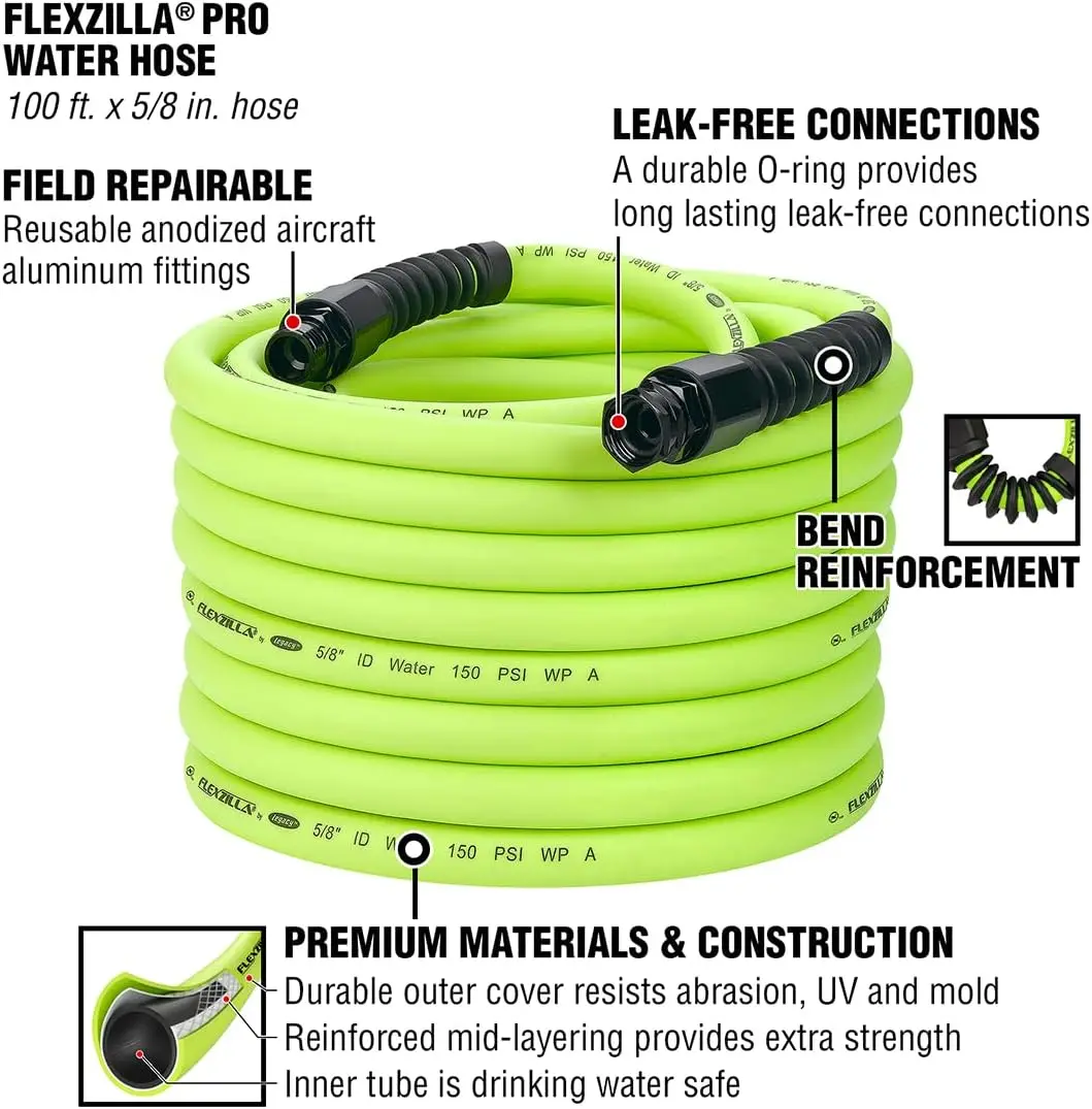 Water Hose with Reusable Fittings, 5/8 in. x 100 ft., Heavy Duty, Lightweight, Drinking Water Safe