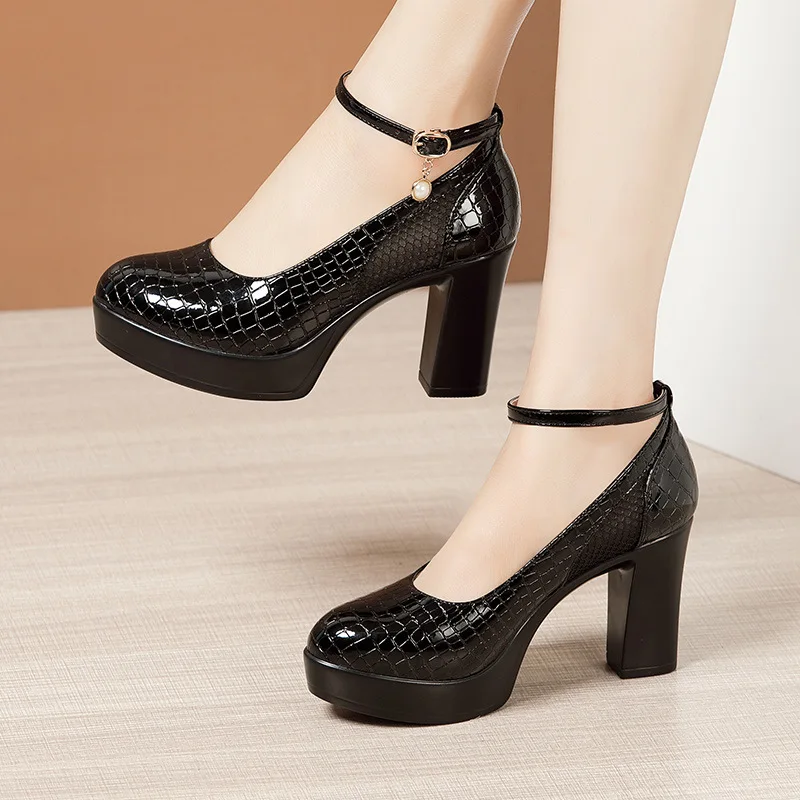 high quality crocodile print leather shoe for women 9cm high heel platform 32 33 42 43 elegant and fashion shoe black white