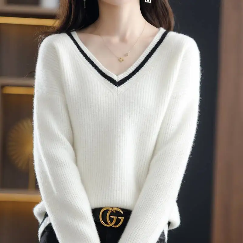 

Pullover Autumn/Winter Cashmere Sweater versatile V-neck sweater with color matching loose outerwear sweater pullover female