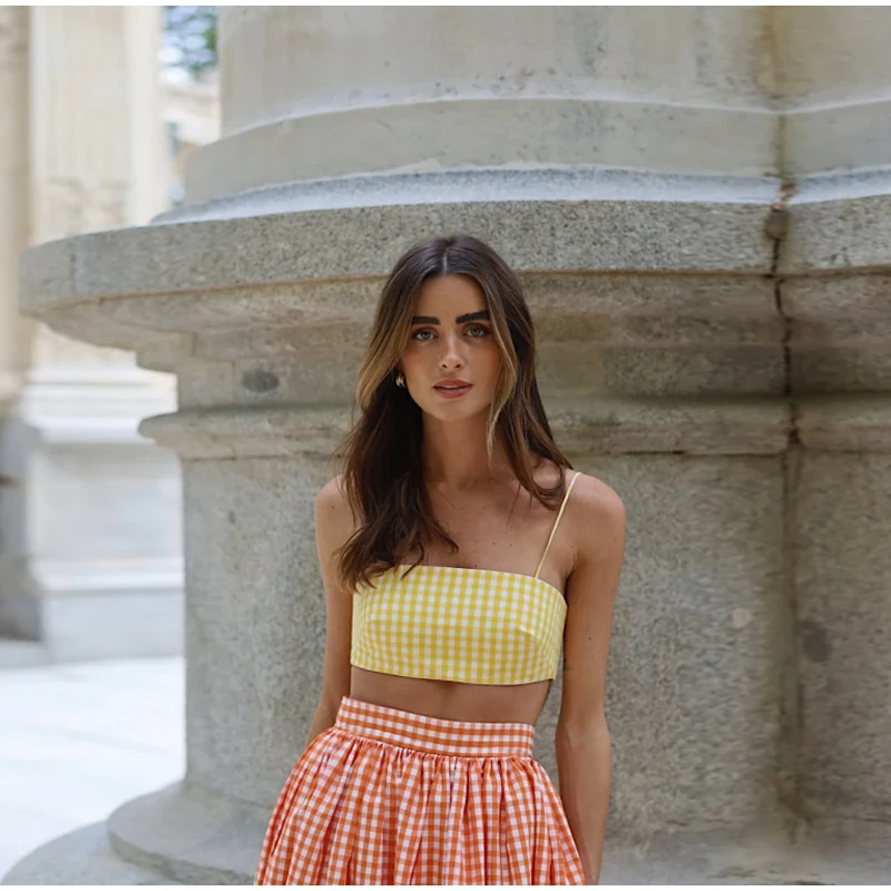 Conjunto de falda larga y camisa de tubo sexy para mujer, camisetas cortas sin mangas retro, conjuntos de faldas plisadas de cintura alta, para vacaciones en la playa