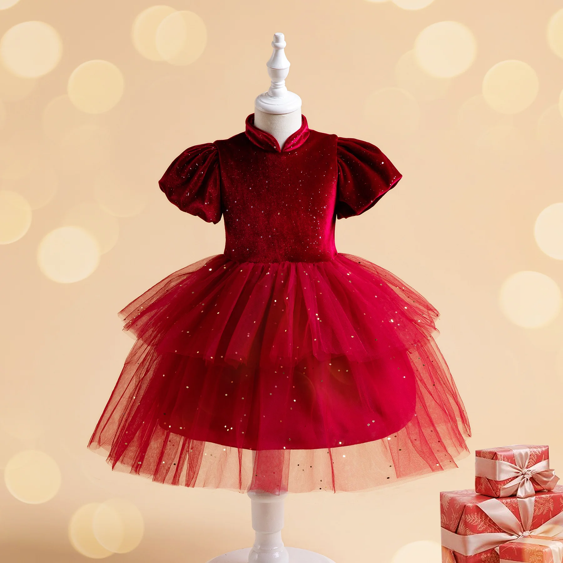 

Red Flower Girl Dresses for Weddings Velour Mesh Sequins Luxurious Children's Dresses for Eid Wedding Girl Princess Dress Prom