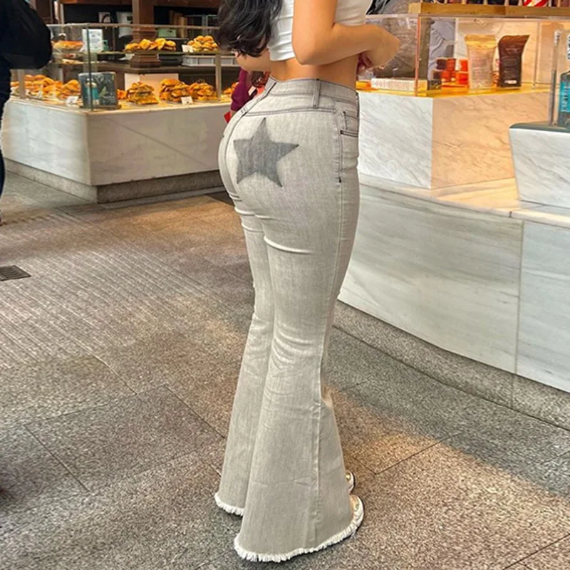 

New Autumn Women's Waist Zipper Tight Fit High Elastic Five Pointed Star Printed Fashion Features Horn Cowboy Pants For Women