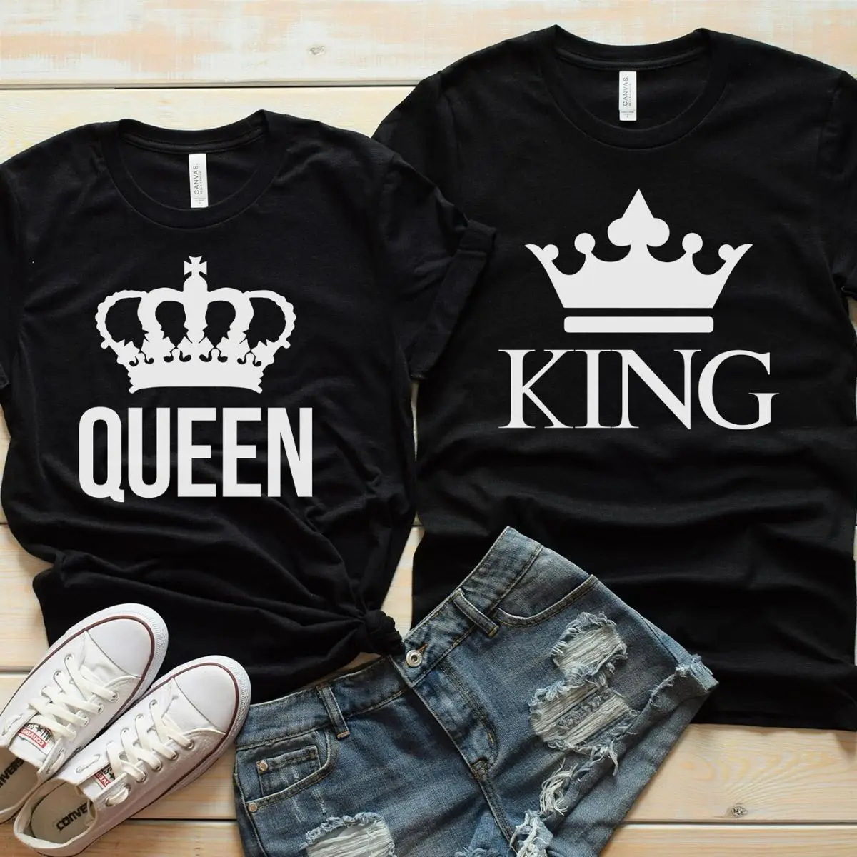 

Crown KING QUEEN Print Couple T Shirt Short Sleeve O Neck Loose Lovers' Tshirt Women Men Tee Shirt Tops Camisetas Mujer