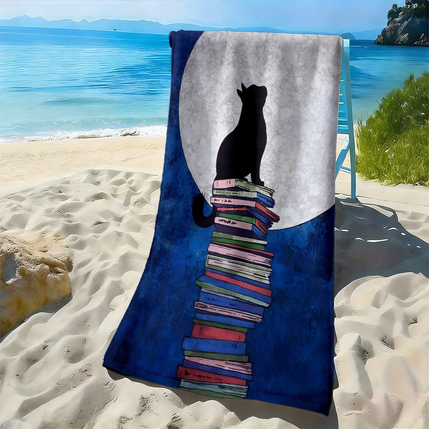 Strandlaken met kat boek en maan patroon absorberende microvezel_voghion.com