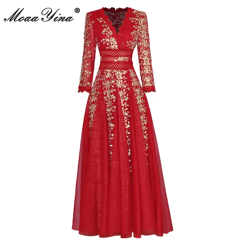 

MoaaYina, модное дизайнерское летнее женское Прозрачное платье с v-образным вырезом и рукавом девять точек, Цветочная вышивка, высокое качество