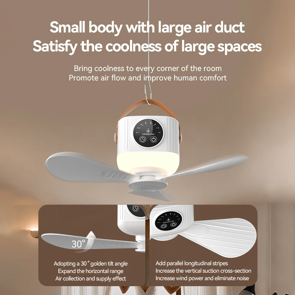 Mini Ceiling Fan USB Rechargeable Large Wind Fan Removable Blades Night Lamp Lighting 7200mAh Capacity Household Outdoor Fan