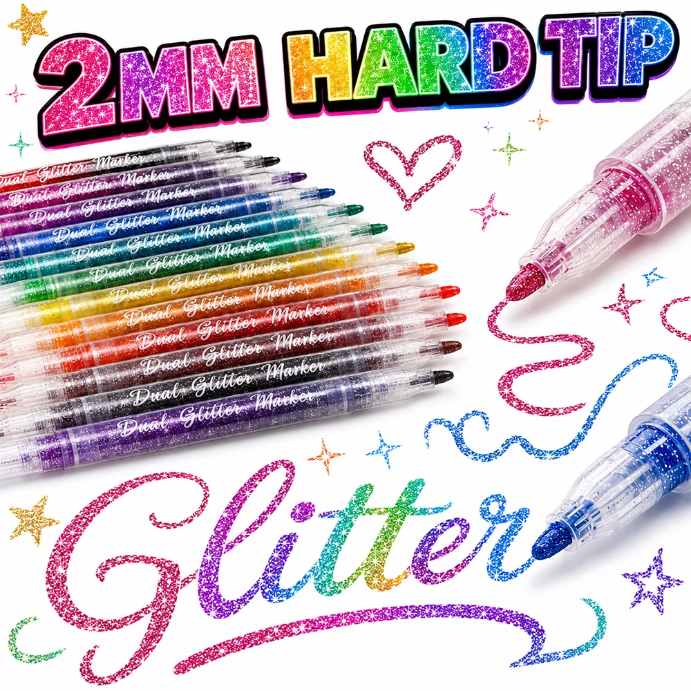 12개 듀얼팁 글리터 마커 24색 수성 쉬머 펜 2mm 하드팁 드로잉 카드 만들기 아트 공예품 밝은색/어두운색 종이용