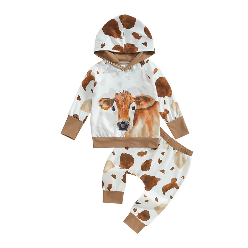 Boys Autumn 2PCS Outfit Sets Long Sleeve Animal Print Hooded Tops Casual Pants Sets