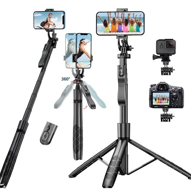 Selfie Stick Tripod Stand with Remote 60" Extendable Travel Phone Tripod for iPhone Android Camera 360° Rotation Video Recording