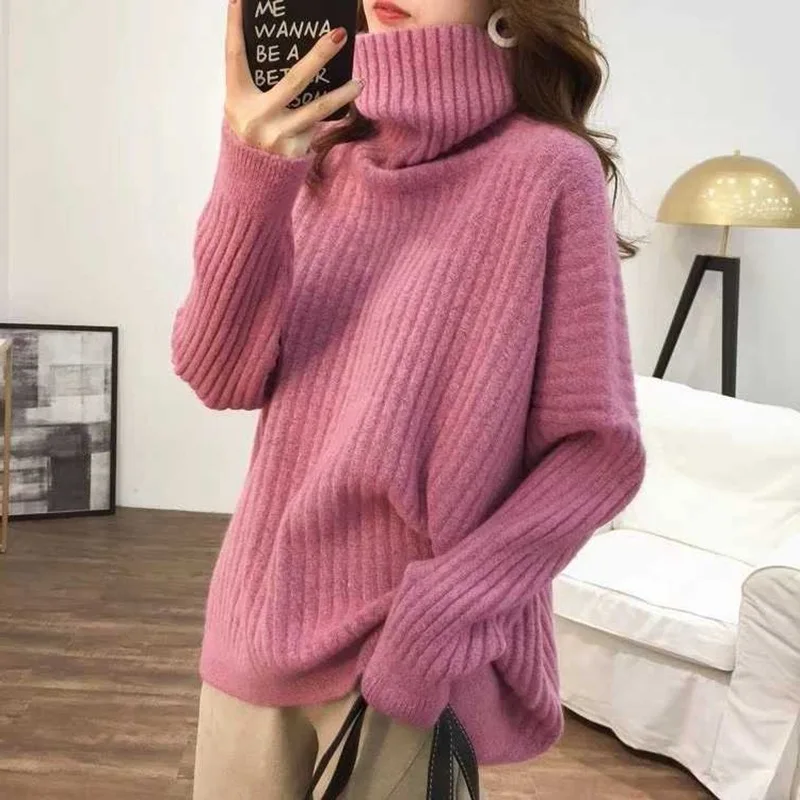 2021 Women Tops Solid Long Sleeve Pullover Sweaters Fashion Casual Winter High Collar Warm Loose