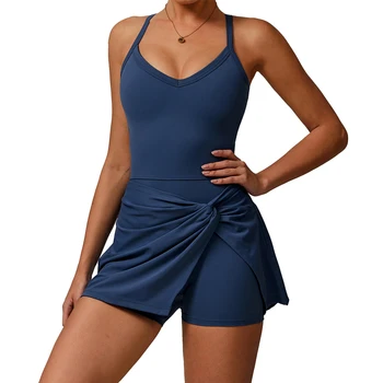 VITALINOVO Womens Tennis Dress with Shorts Underneath Workout Dress with Built-in Bra Deep V Neck Athletic Dresses Golf Dress