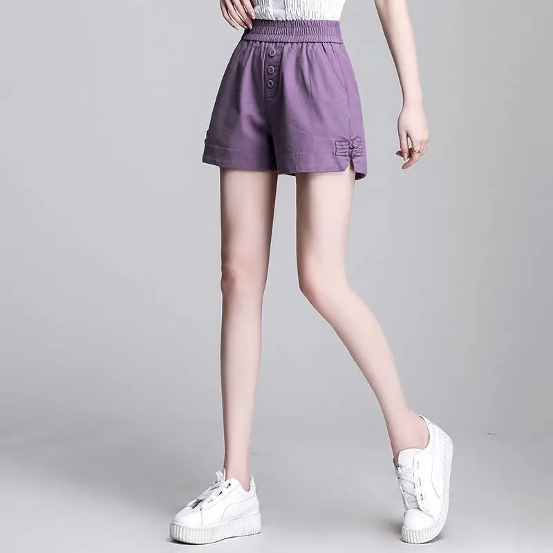 Fashion Elastic Spliced Button Pockets Casual Shorts Female Clothing 2024 Summer New Loose Korean Solid Color High Waist Shorts