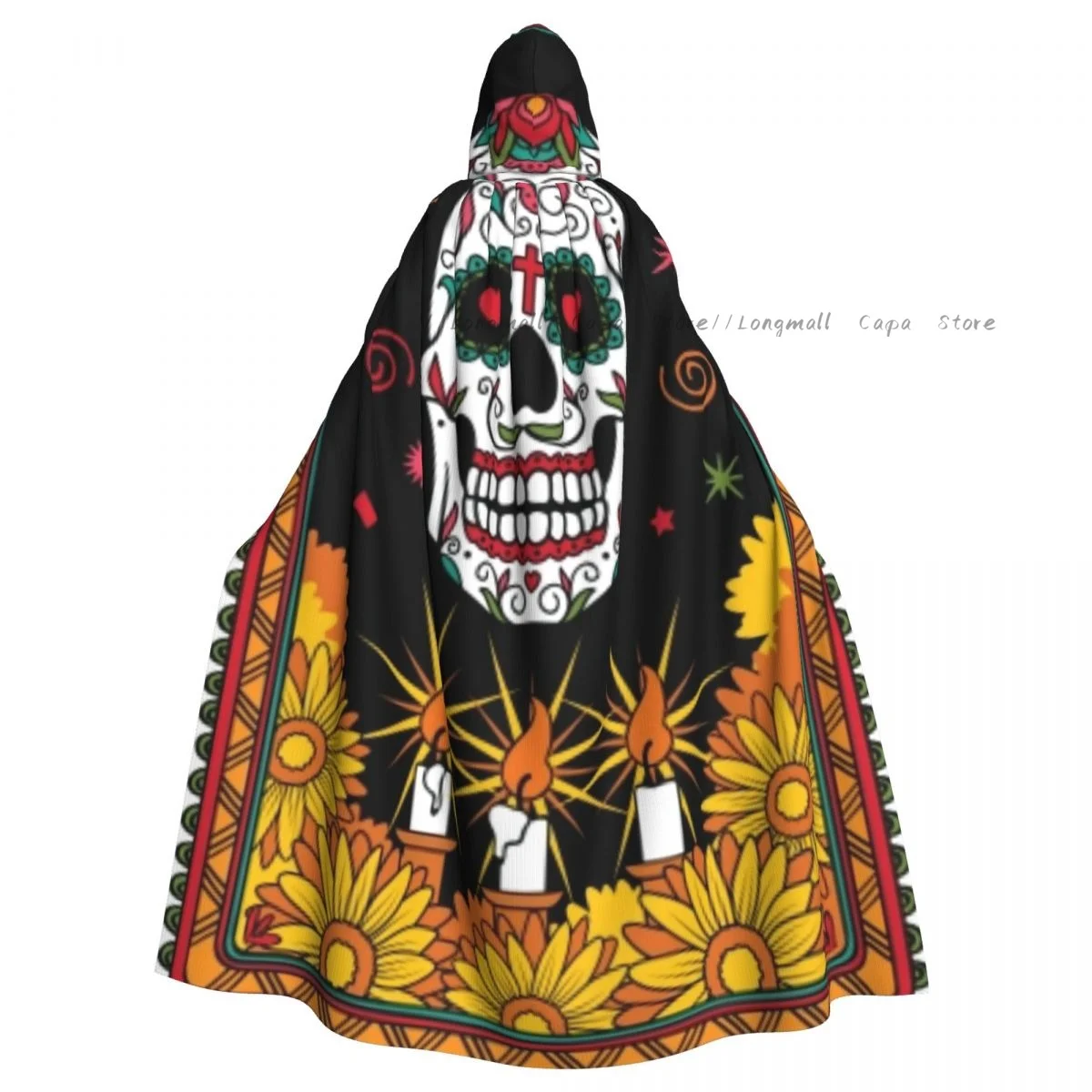 

Witch Cloak Mexican Skull With Flowers Pattern Halloween Cosplay Costume Unisex Adult Cloak Retro Ages Cape