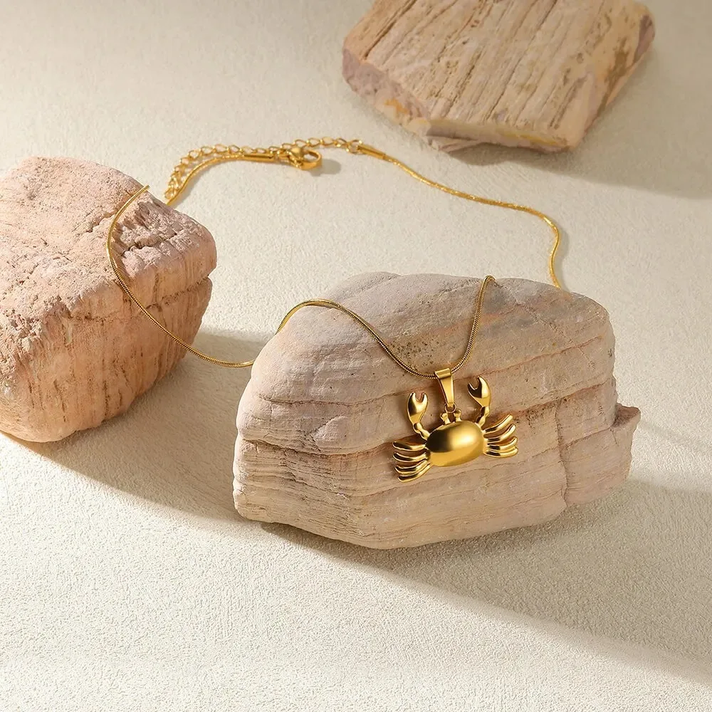 Stainless Steel Crab Pendant Necklace For Women 18K Gold Plated