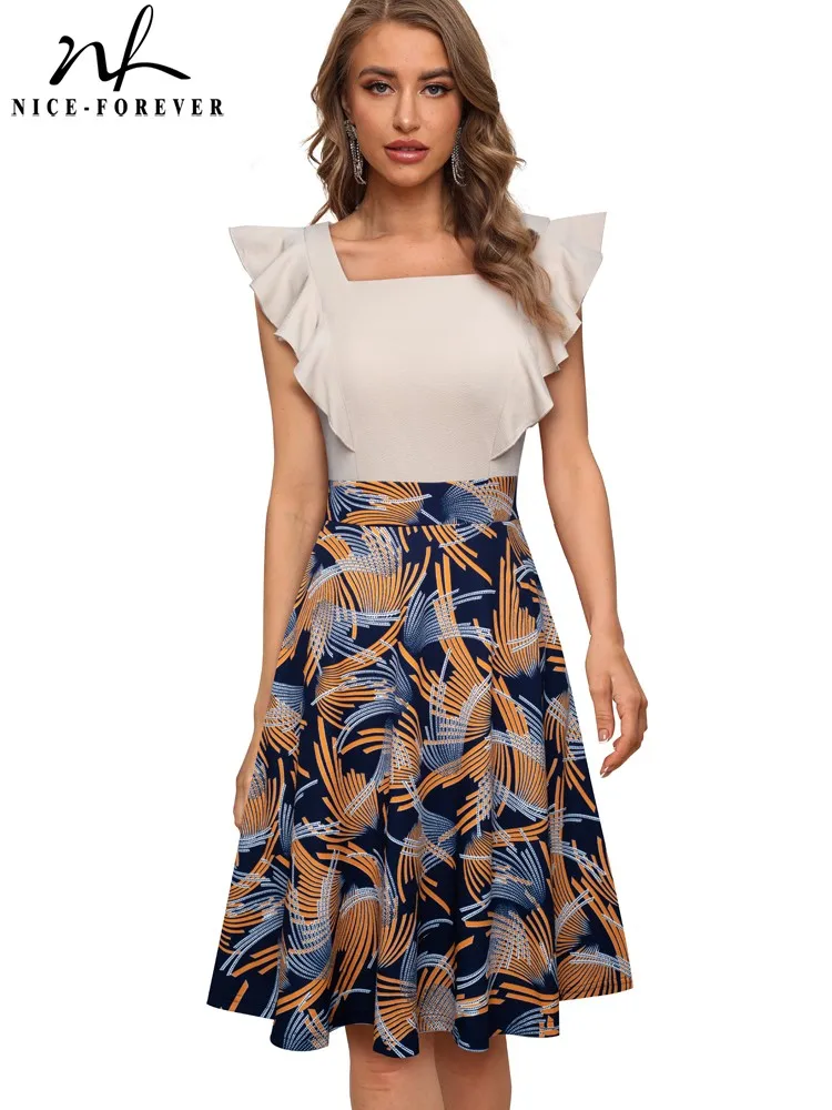 

Nice-forever Summer Women Elegant Floral Patchwork with Ruffle Sleeve Dresses Casual Party Flare Swing Dress A312