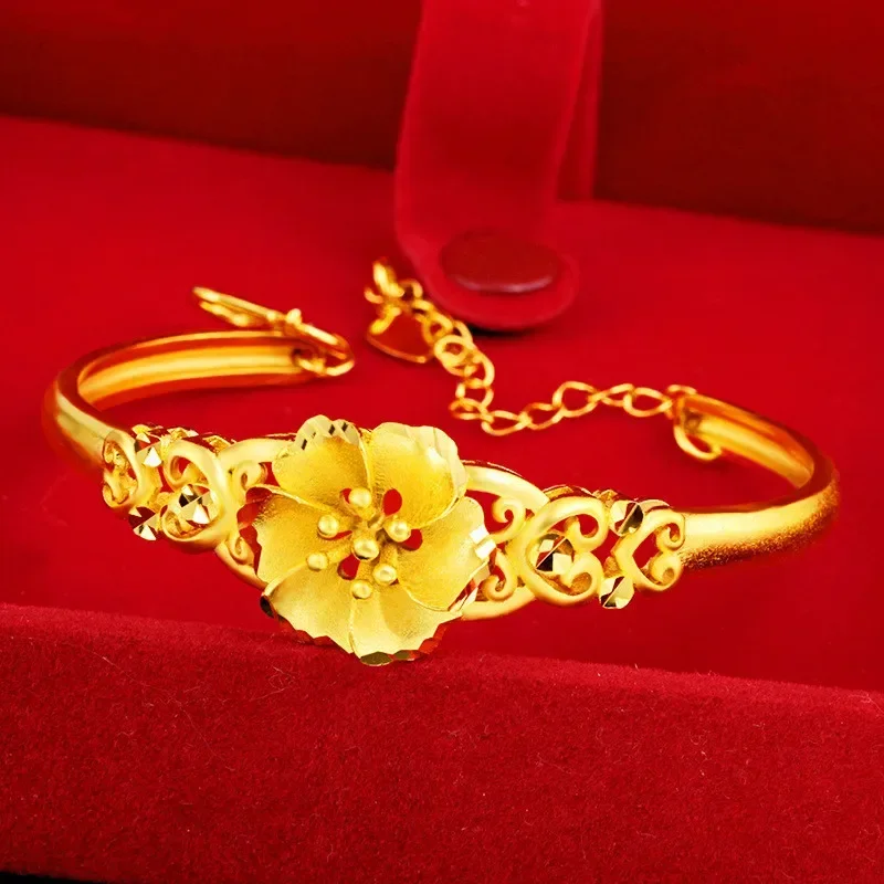 

24k Gold Color Sand Gold Empty Three Flower Bracelet for Women Bride Engagement Birthday Wedding 999 Bangles Jewelry Gifts