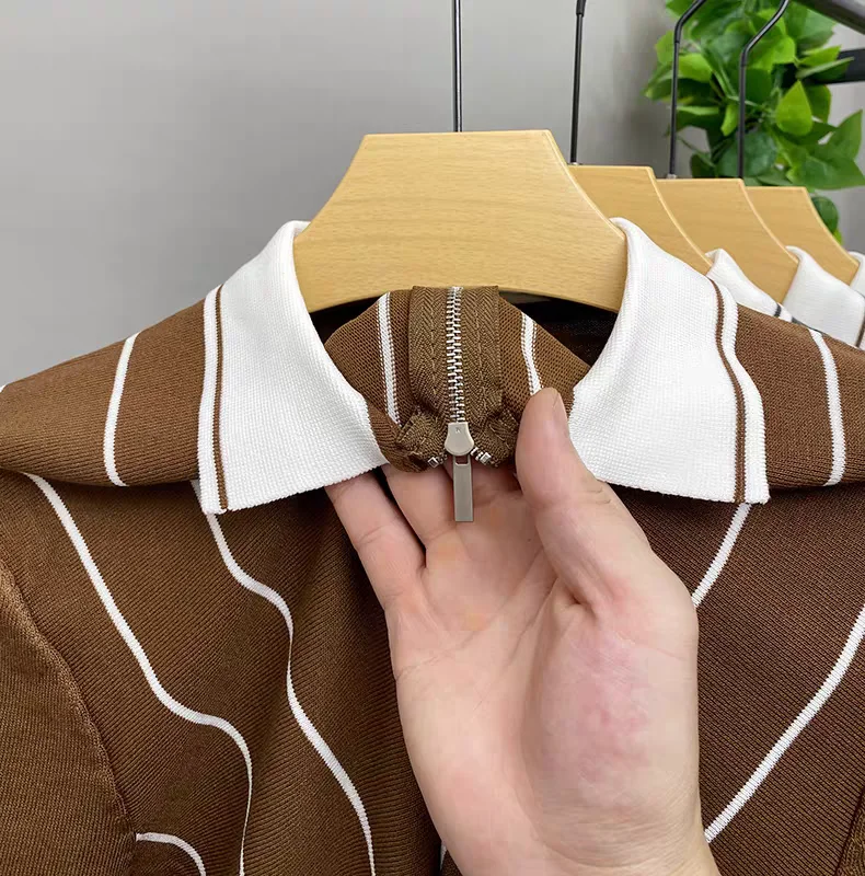 High quality summer knitted short sleeve polo shirt fashion half zipper lapel T-shirt vertical stripes comfort casual men's wear 14 S9f9c028810b74c34a1156df9ef8ea34fX