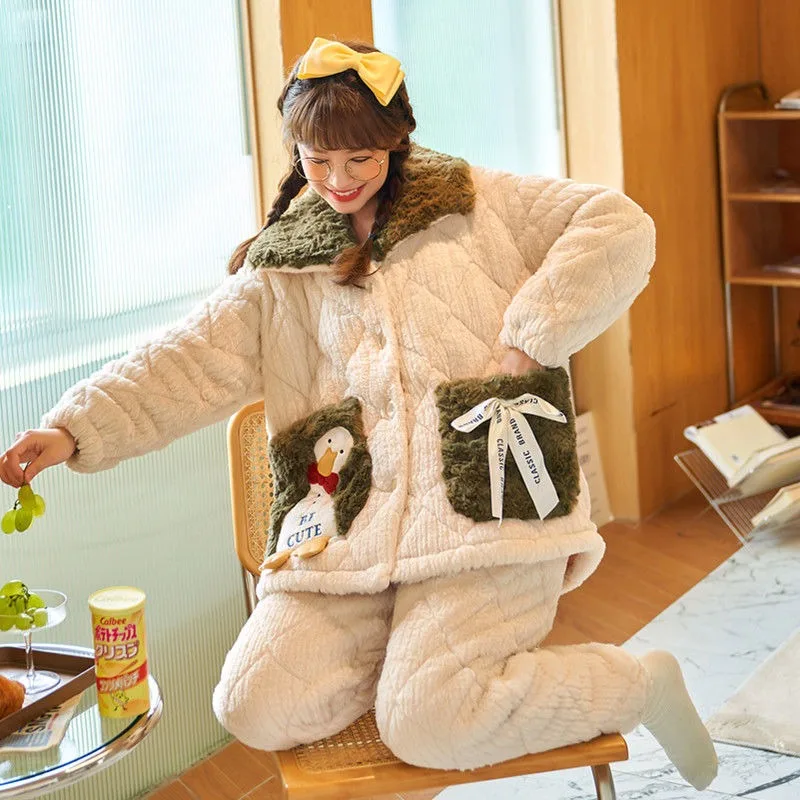 Coral Velvet Pajamas Women Winter Three Layers Sleepwear Cotton Thick Plush Loungewear Cute Girls Flannel Home Outside Clothes