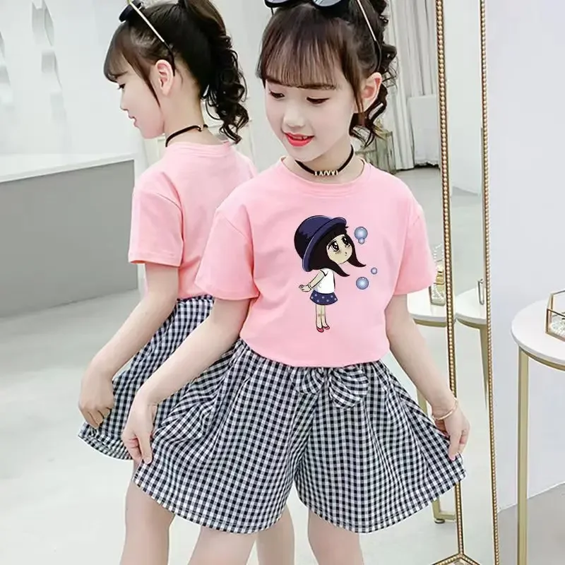 

Summer Girls Clothes Sets Outfits Sport Kids Short Sleeve + Lattice Wide Leg Short Pants 2PCS Children Clothing 6 8 10 12 Years