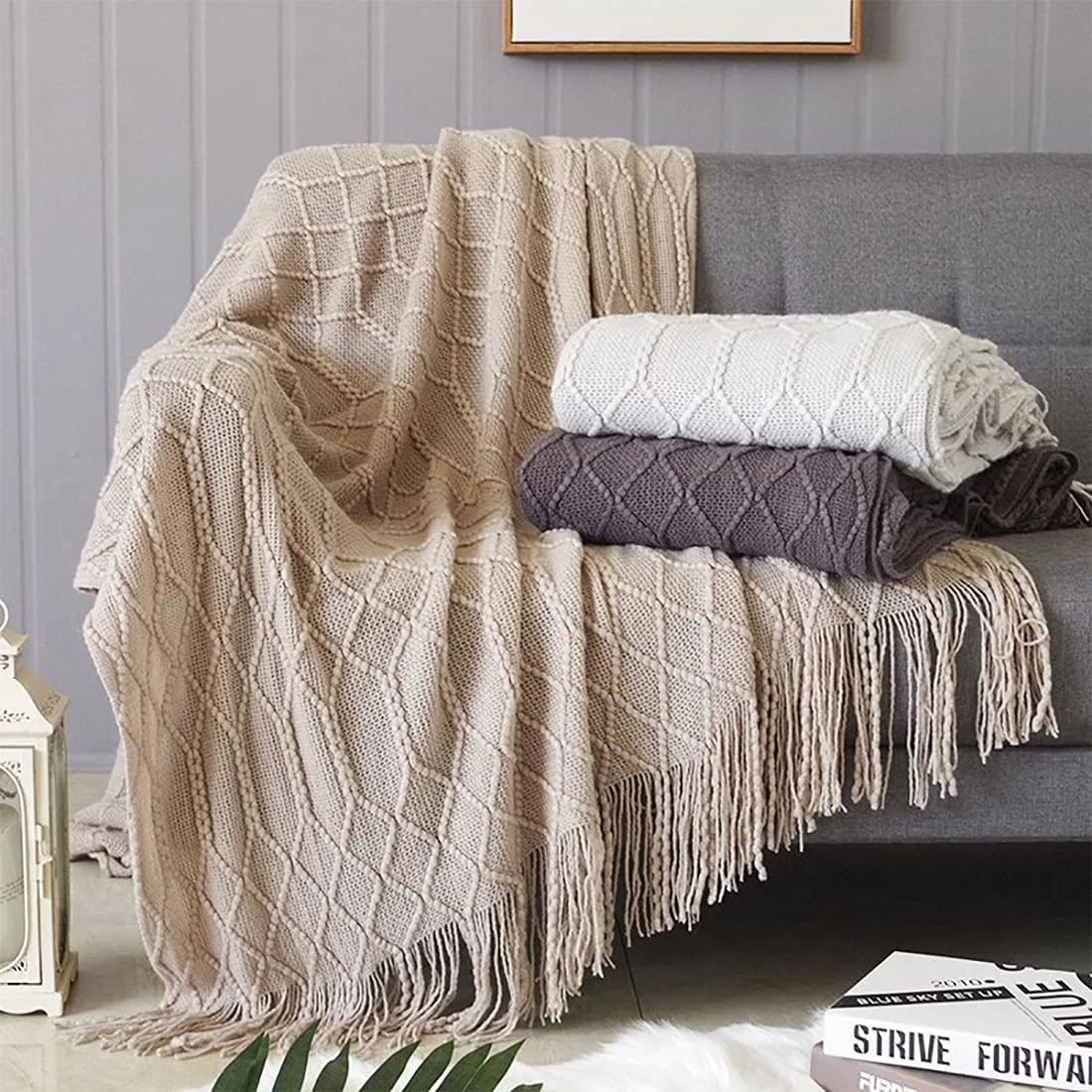 Khaki Oversized Boho Knit Throw Blanket