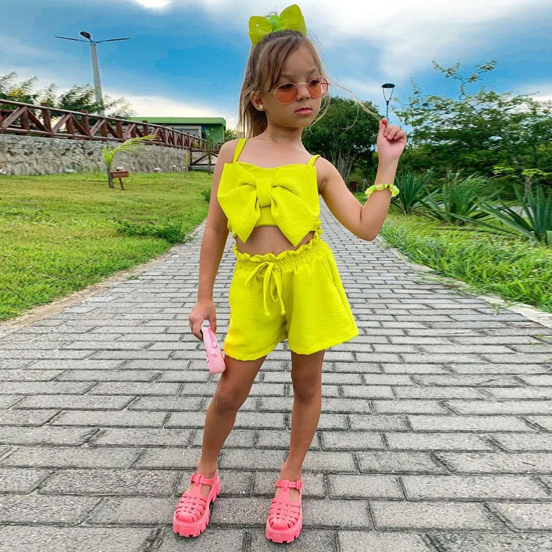 Girl's Sets Summer Toddler Girl Clothing Sets Children Clothes Kids Solid  Color Top with Bow Crop Shorts Vest Two-piece Set Girl