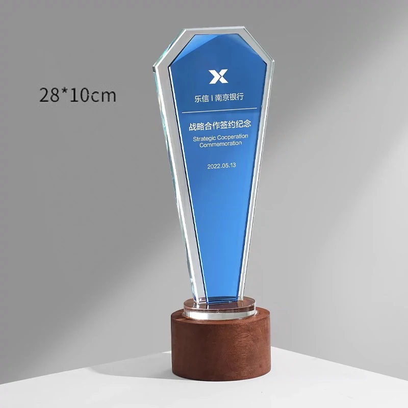 Customized Walnut Base Blue Crystal Trophy, Creative Event Award Collection, Excellent Souvenir, Home Decoration High Grade, 1Pc