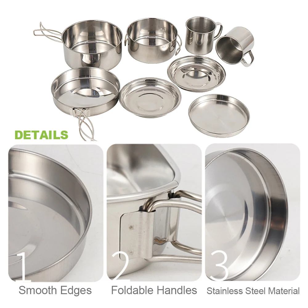 8-Piece Stainless Steel Camping Cookware Set with Plates and Cups