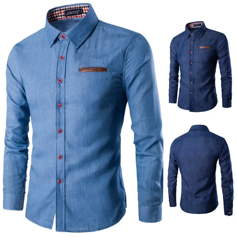 Spring and Fall Casual Men's Shirts Patchwork Cotton Clothing Slim Men's Social Shirt Long-sleeved Denim Shirt Men's Clothing
