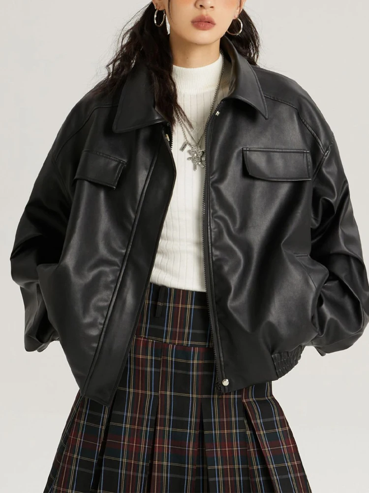 

Куртка женская из искусственной кожи, винтажный Модный Пиджак из искусственной кожи, свободная верхняя одежда на молнии в Корейском стиле, Повседневная Уличная одежда