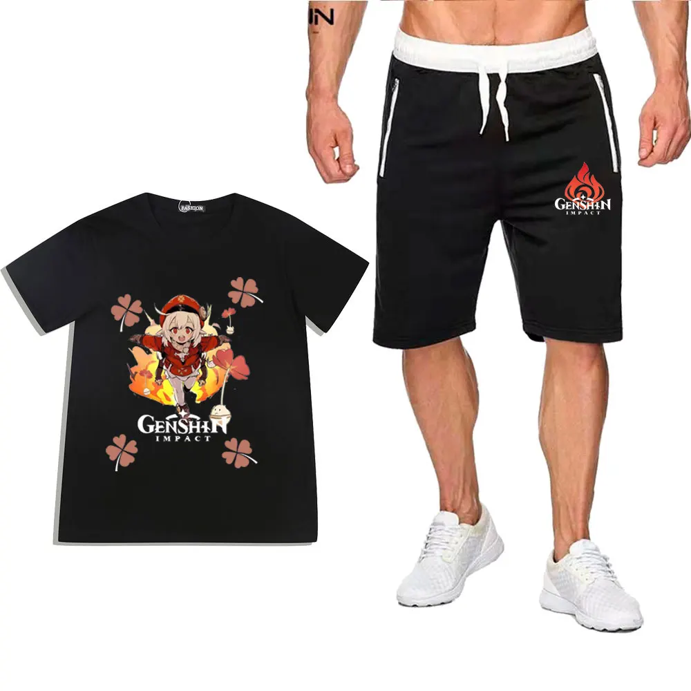 

Мужской Хлопковый костюм с принтом Genshin, Повседневная футболка с графическим принтом и шорты, лето