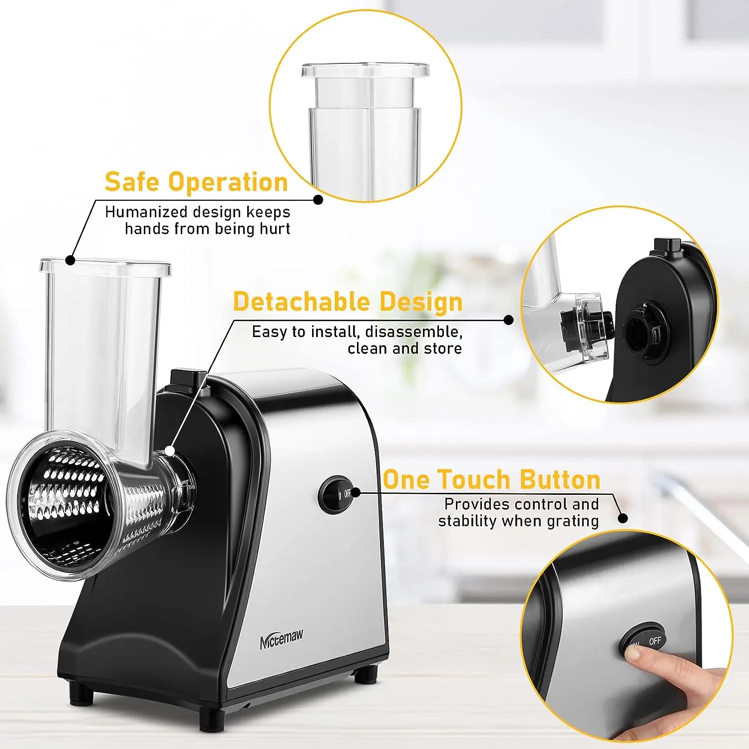 

Grater, 250W Professional Slicer Shredder for Home Use, Salad Maker Machine with One-Touch Control, 5 Free Attachments for Cut