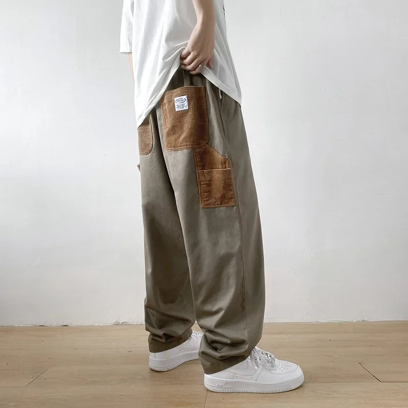 

Casual Pants Men Simple Patchwork Korean Style Fashionable All-match Straight Baggy Males Harajuku Trousers Leisure Streetwear