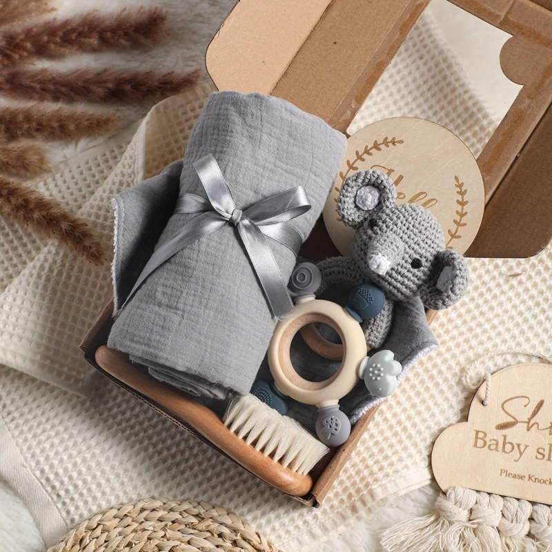 Baby Bath Set Kid Towel Cotton Blanket Bath Toy Baby Silicone Teether Rattle Baby Milestone Photography Supplies Baby Birth Gift