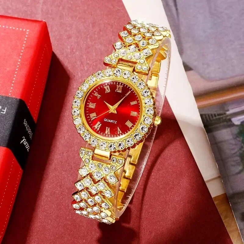 Golden Luxury Watch Women Ring Necklace Earring Rhinestone Fashion Wristwatch Casual Ladies Bracelet Watches Jewelry Set 6