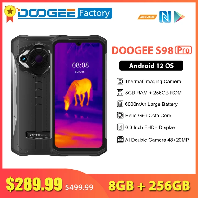 DOOGEE S98 Pro (2022) Rugged Cell Phone, 6.3 FHD, Android 12.0,  Thermal+48MP Camera + 20MP Night Vision, Helio G96, 8GB+256GB, 6000mAh,  NFC/OTG - Black 