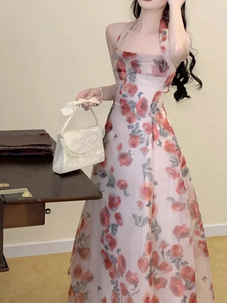 

Vintage Korean Style Floral Chiffon Halter Dress Backless and Elegant Midi Dresses for Women Perfect Parties in France Dresses