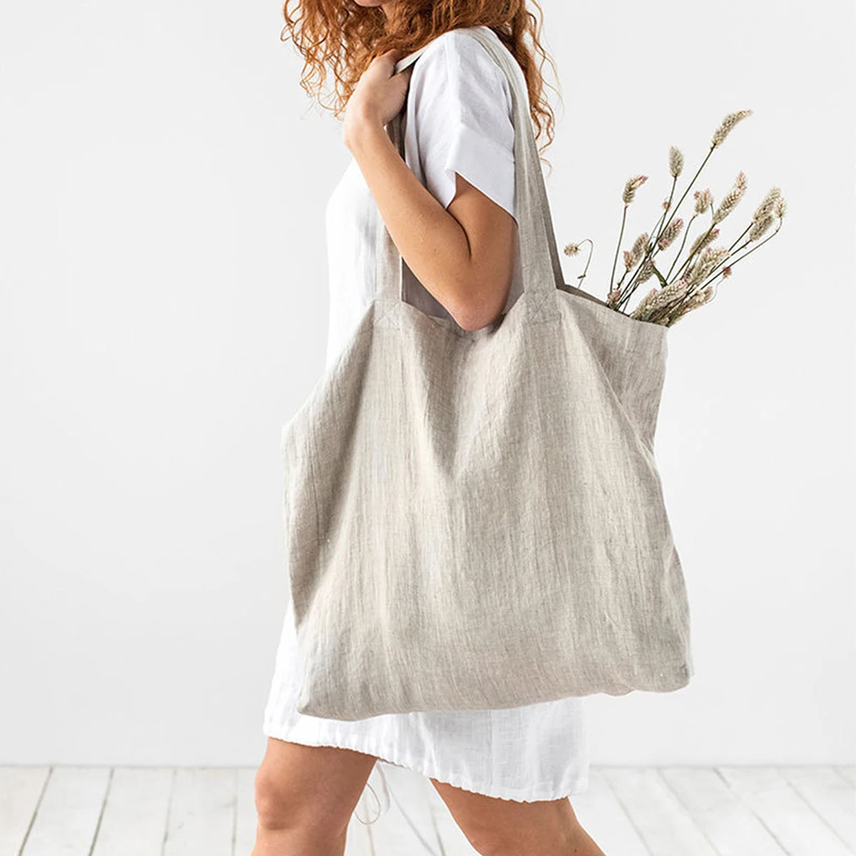 French Dew Retting Leinen 100 % reines Hanf Supermarkt Umwelt Stoff Tasche Träger faltbare tragbare Einkaufstasche Frauen