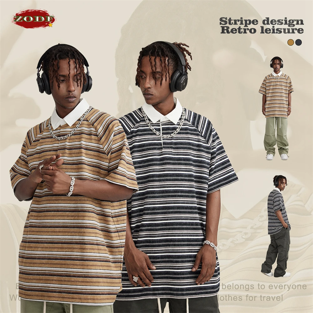 

ZODF Retro Men Washed Striped T Shirt Unisex High Street Oversized White Turn Down Collar 280gsm T-shirts TEE HY0579
