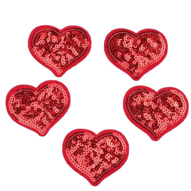 Set of 5 Sequined Heart Iron On Patches - DIY Fabric Decoration Love  Applique