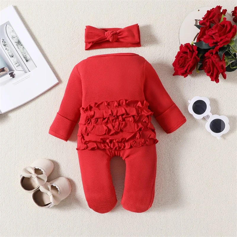 Pudcoco Infant Newborn Baby Girls Outfit Long Sleeve Crew Neck Frills Zipped Footies Jumpsuit and Headband Fall Clothes 0-12M baby clothes baby sleepsuit