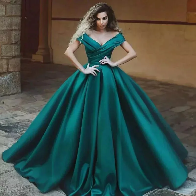 

Green A-Line Pleat Woman Formal Wedding Guest Evening Prom Dresses Sexy Boat Neck Satin Dress Long Sleeve