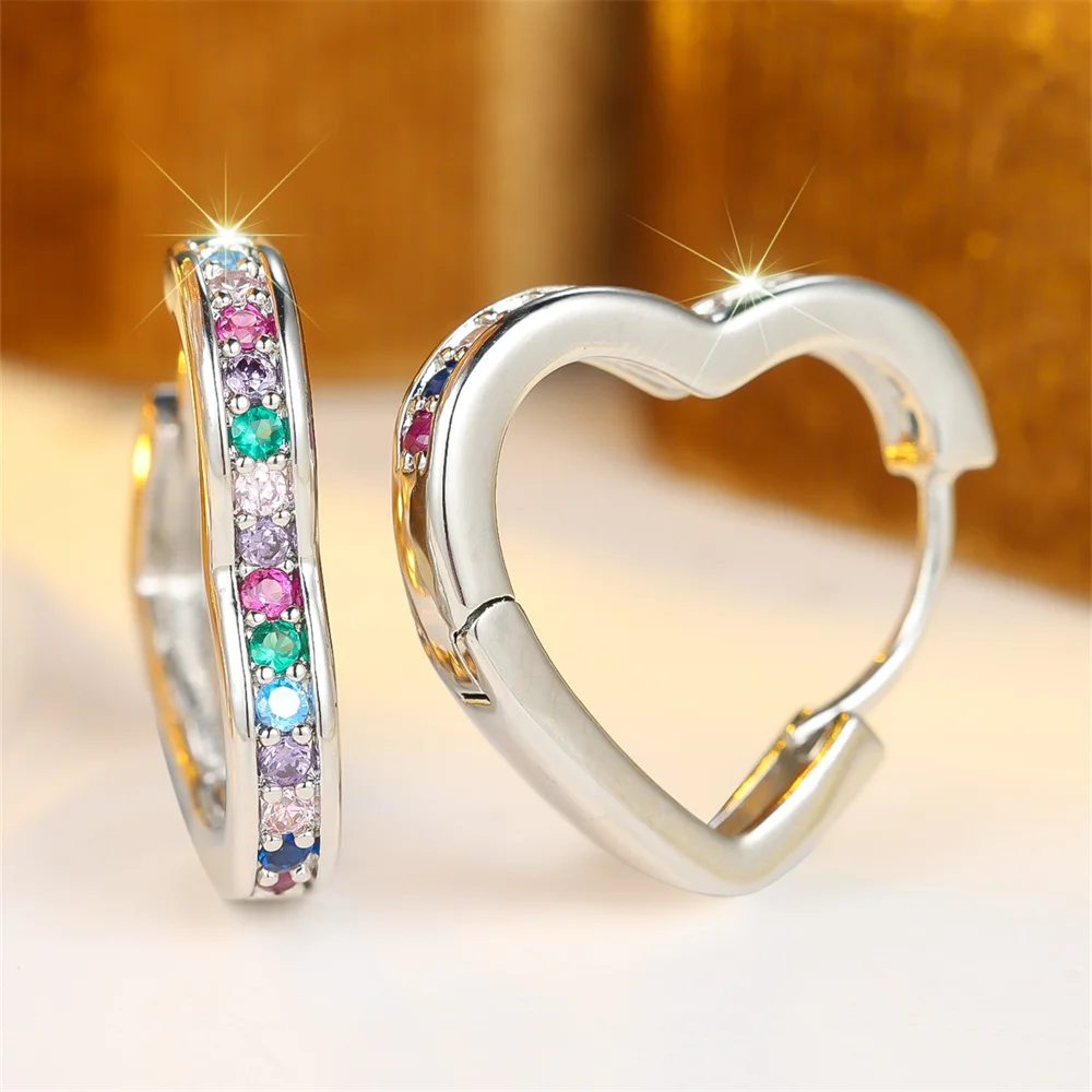 Simple Fashion Rainbow Zircon Love Heart Hoop Earrings For Women Vintage Gold Silver Color Ear Buckle Wedding Party Jewelry Gift